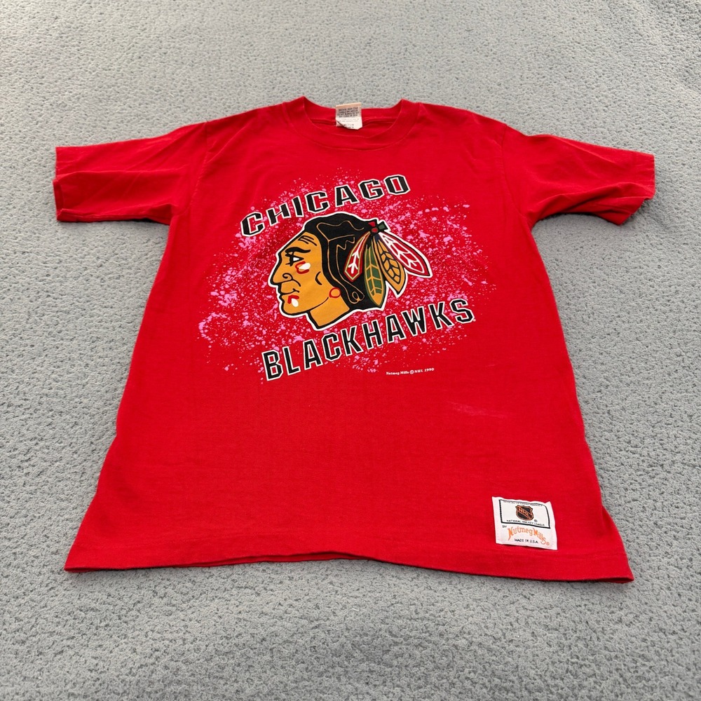 Vintage 1990 Chicago Blackhawks Nutmeg Mills Shirt Red Single Stitch Medium NHL
